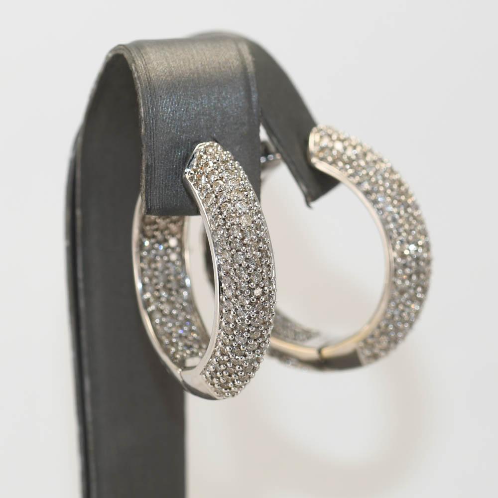 Brilliant Cut 14K White Gold Diamond Hoop Earrings, 2.86ct TDW, 15.2gr For Sale