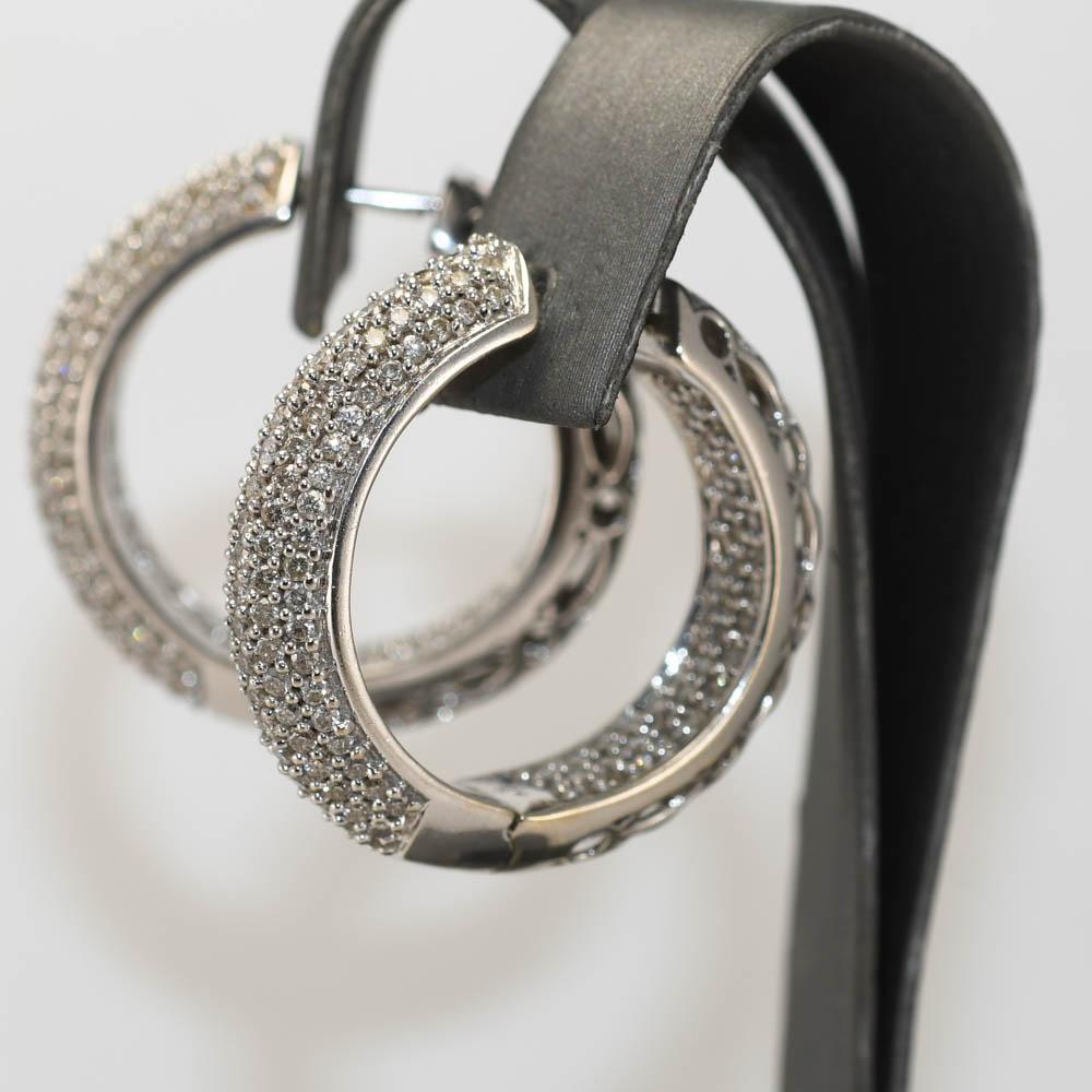 14K White Gold Diamond Hoop Earrings, 2.86ct TDW, 15.2gr In Excellent Condition In Laguna Beach, CA