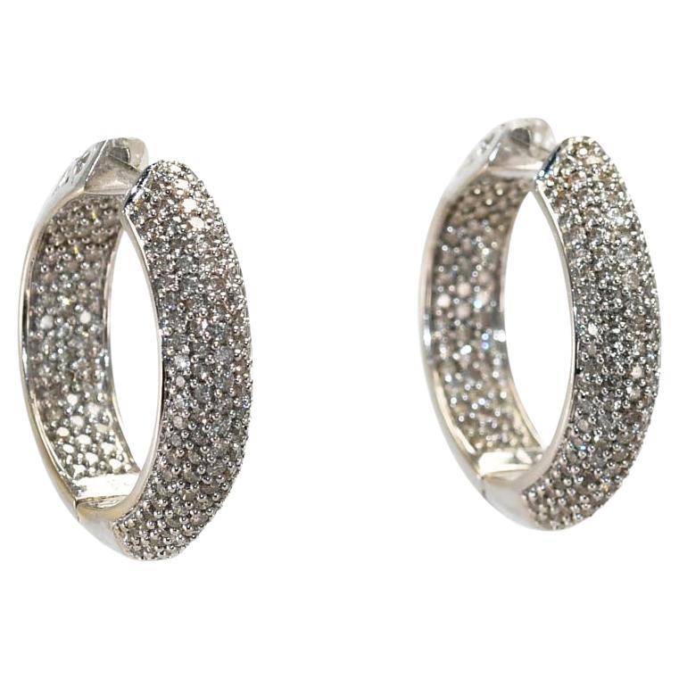 14K White Gold Diamond Hoop Earrings, 2.86ct TDW, 15.2gr For Sale