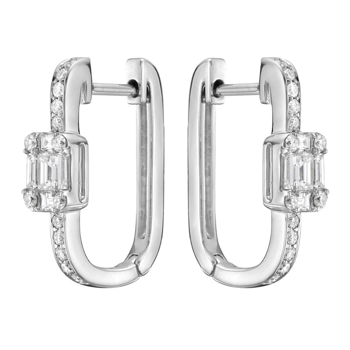 These 14K White Gold Diamond Hoop Earrings are a stunning combination of elegance and sparkle. Made from 3.2 grams of solid white gold, they are lightweight and comfortable for everyday wear. The design features a beautiful mix of 28 round diamonds,