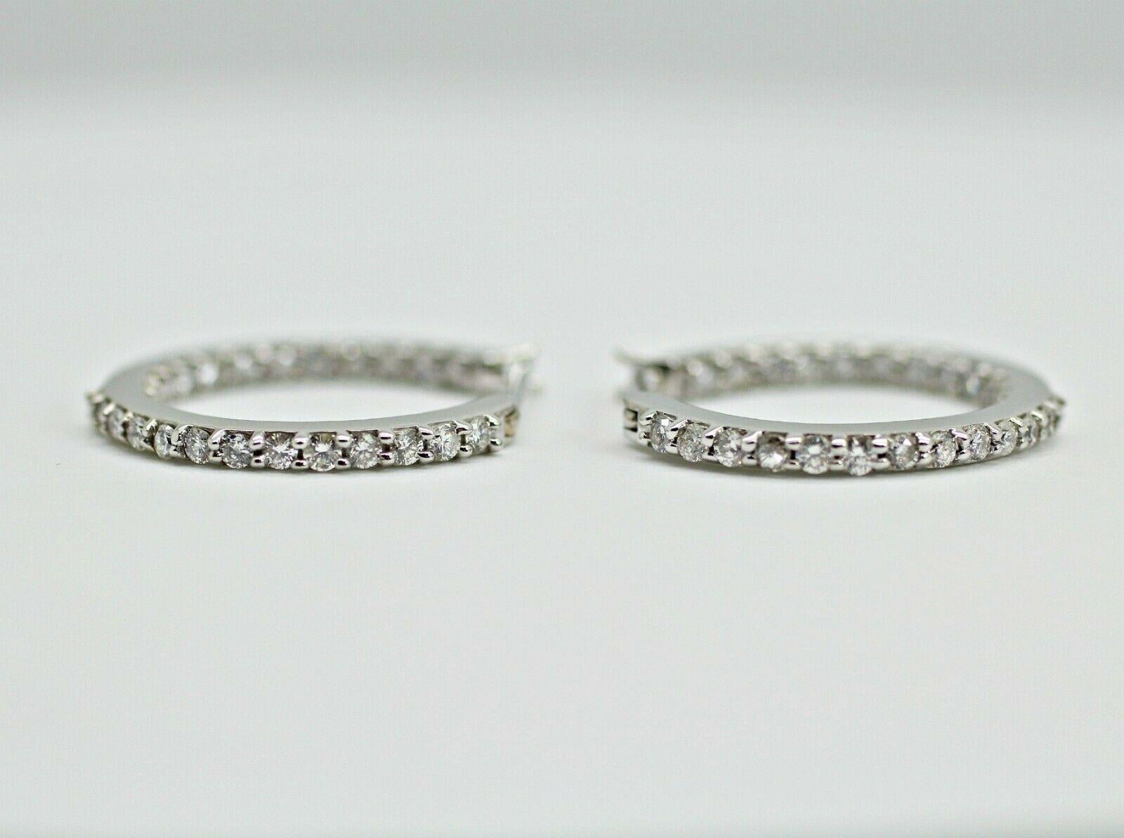 Contemporary 14 Karat White Gold Diamond Hoop Earrings For Sale