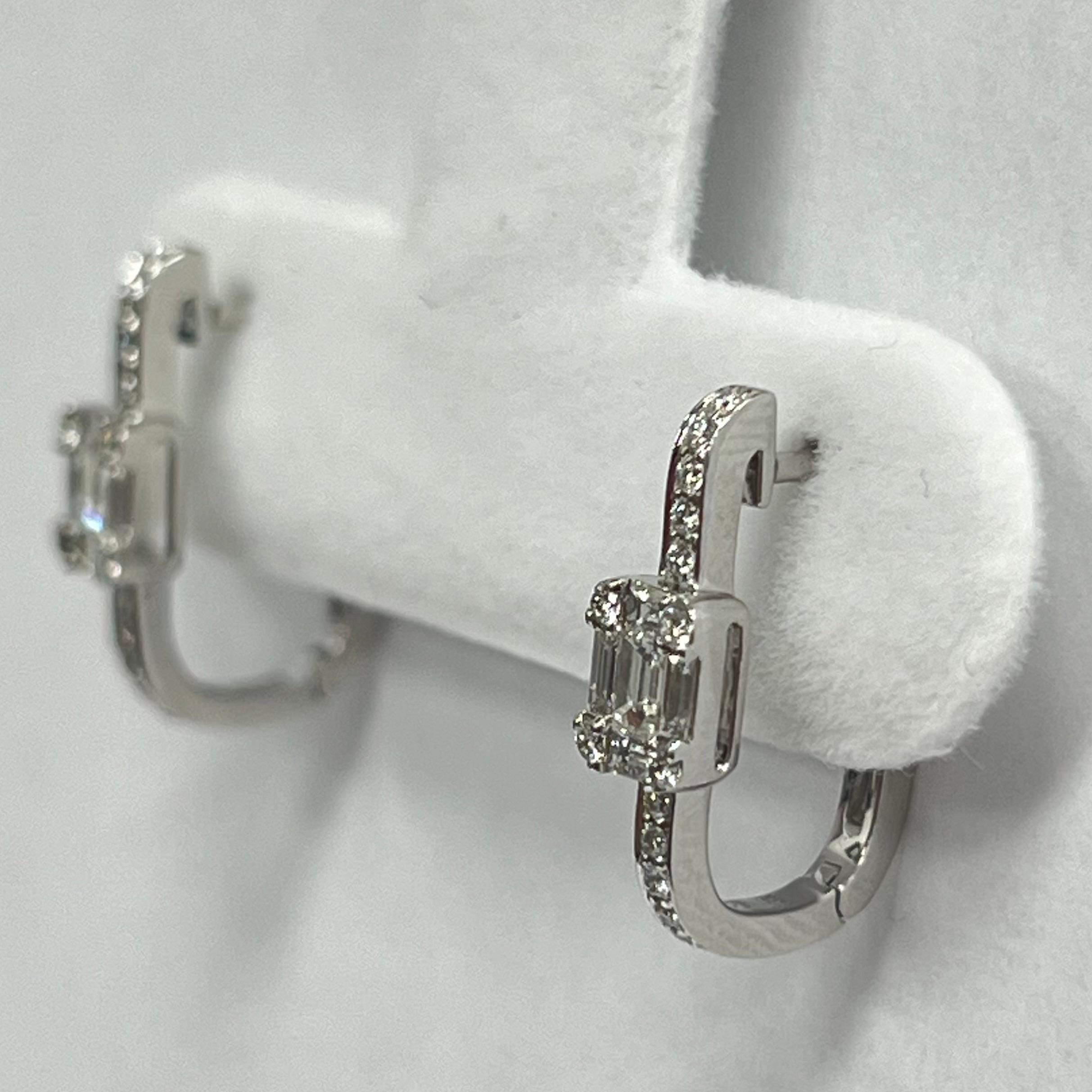 Modern 14K White Gold Diamond Hoop Earrings For Sale
