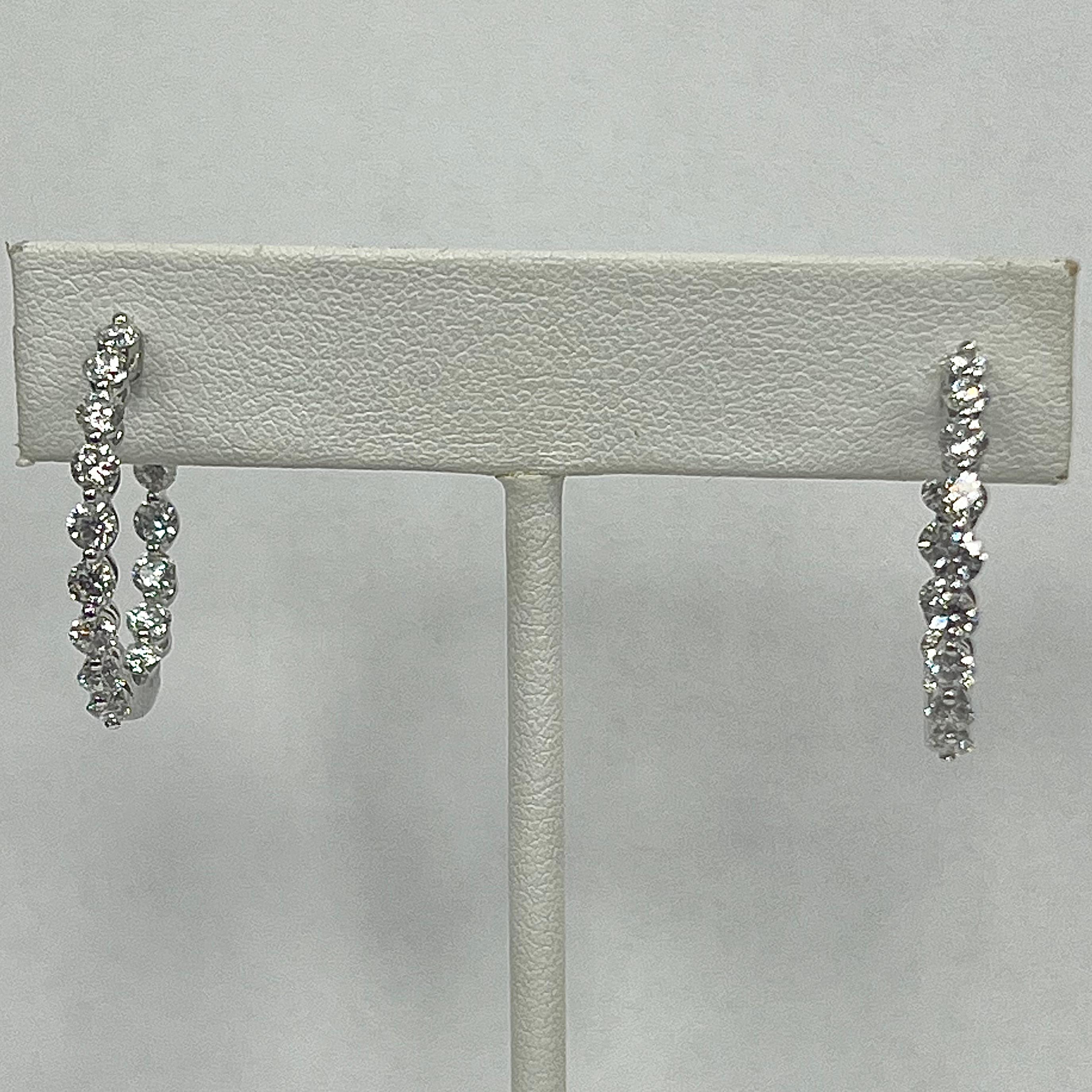 Modern 14K White Gold Diamond Hoop Earrings For Sale