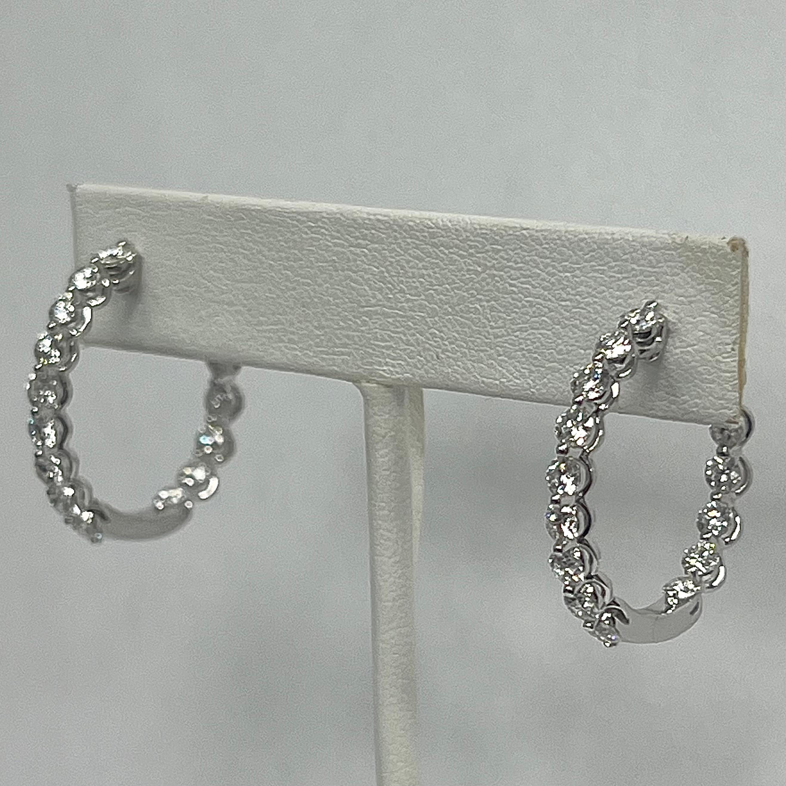 Brilliant Cut 14K White Gold Diamond Hoop Earrings For Sale