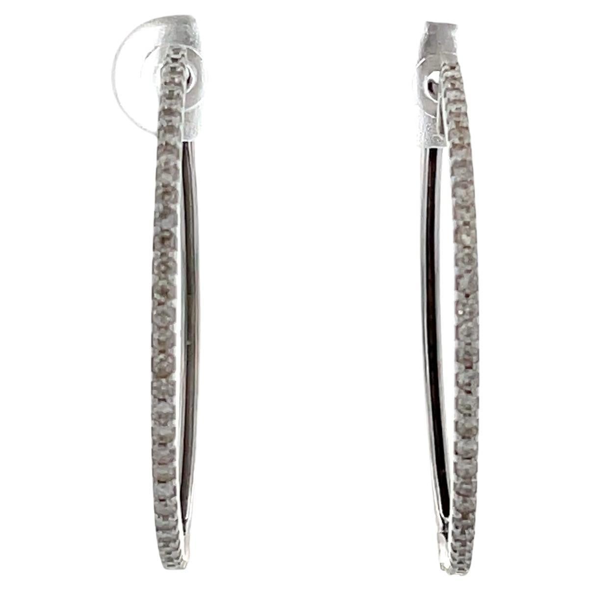 14K White Gold Diamond Hoop Earrings For Sale
