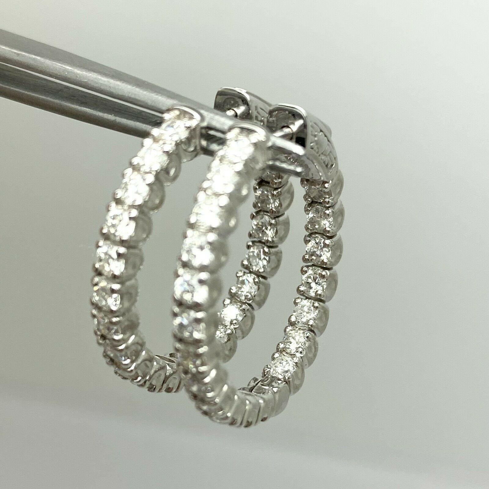 Round Cut 14k White Gold Diamond Hoop Earrings with 2.40cts For Sale