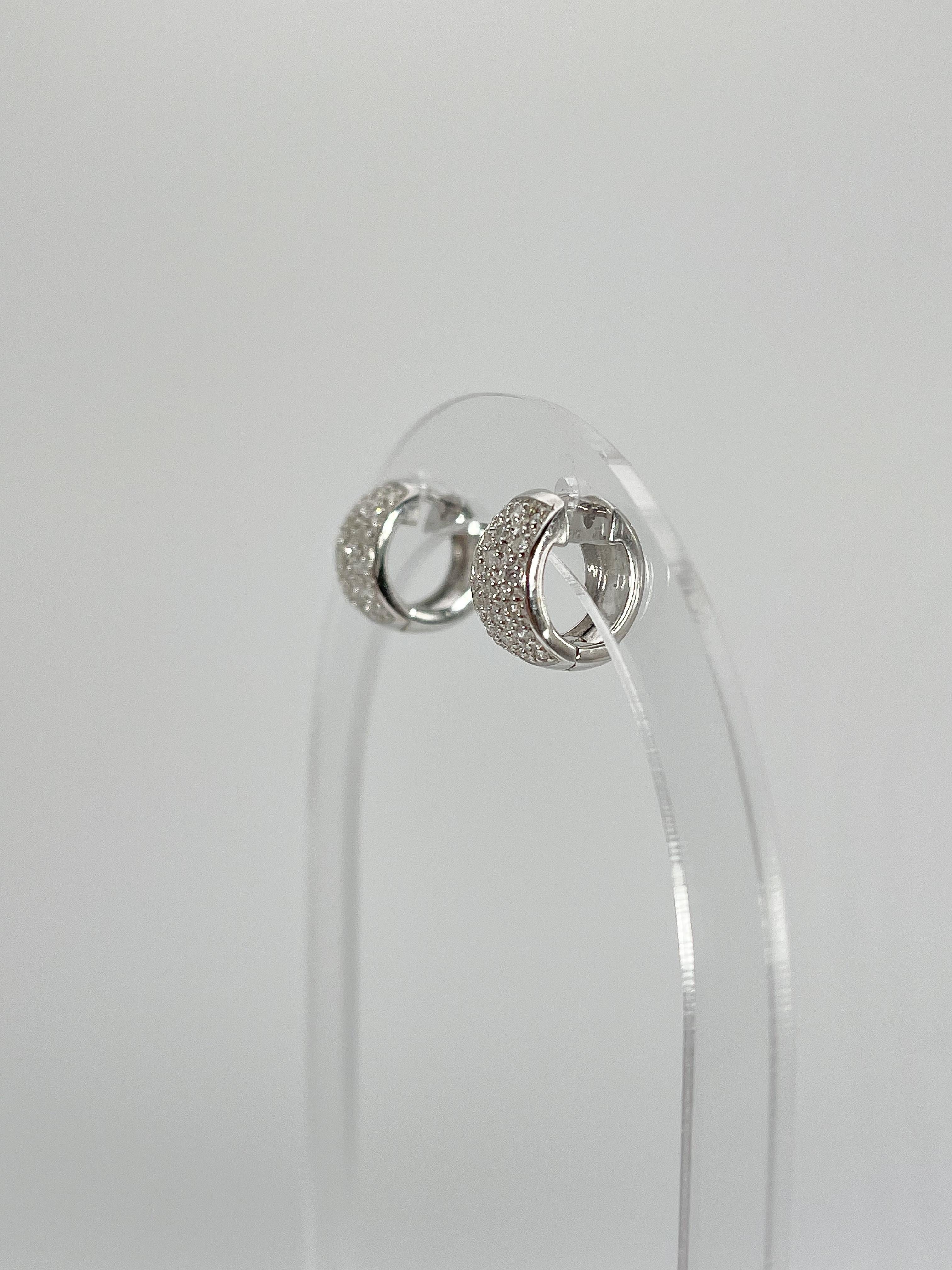Round Cut 14K White Gold Diamond Huggie Hoop Earrings  For Sale
