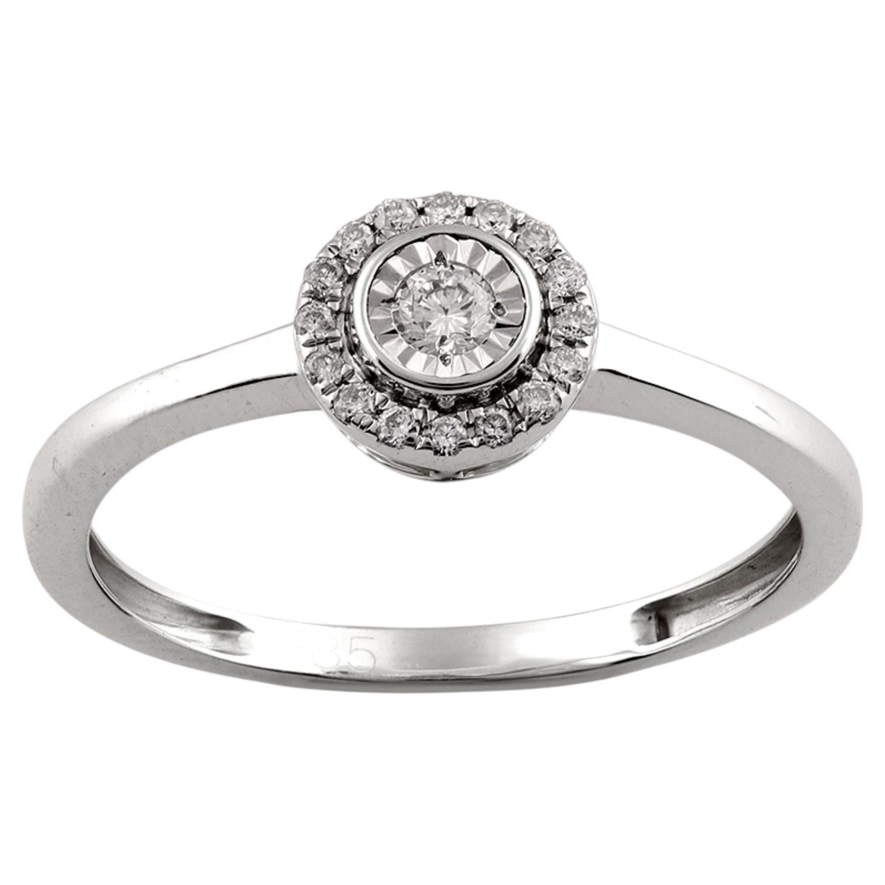 Verlobungsring aus 14-karätigem Weißgold mit Diamanten in „Illusion“-Fassung und Halo-Fassung