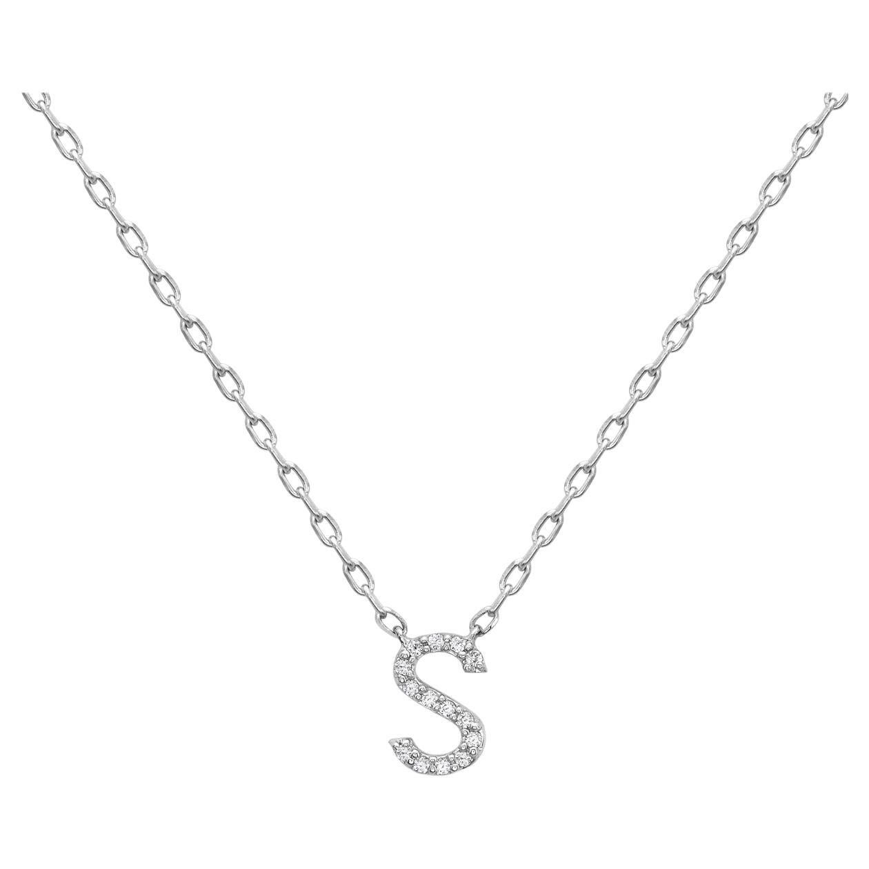 14K White Gold Diamond Initial S Pendant For Sale