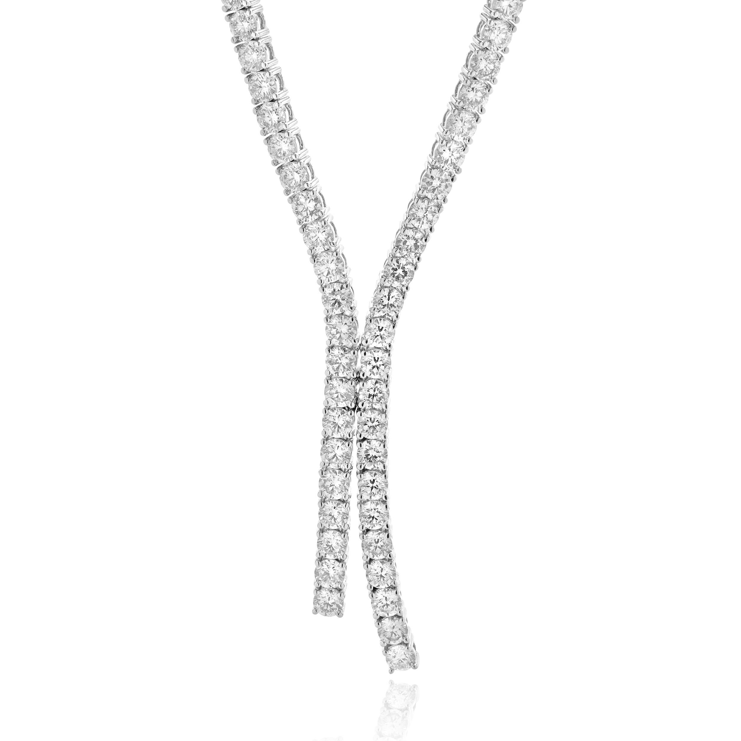 Round Cut 14k White Gold Diamond Inline Lariat Style Necklace For Sale