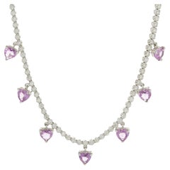 14k White Gold Diamond Inline Tennis Necklace with Pink Sapphire Heart Drops