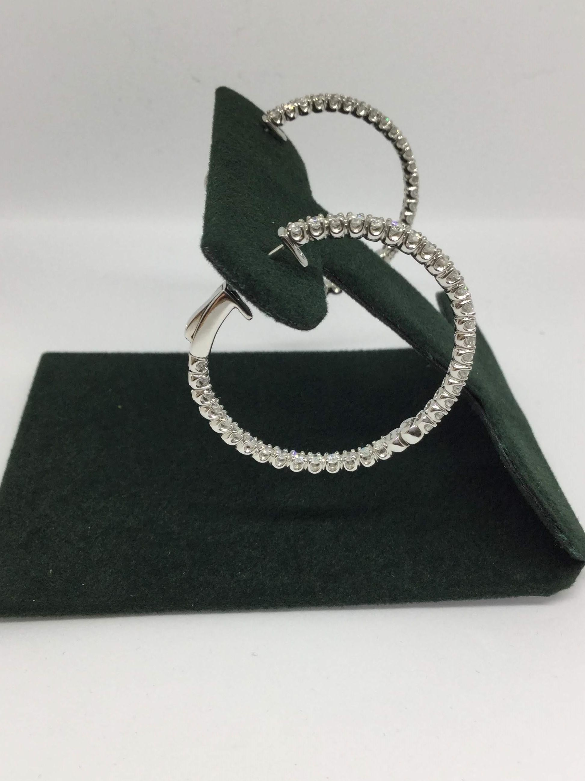 Modern 14 Karat White Gold Diamond Inside/Outside Hoop Earrings 2.50 Carat For Sale