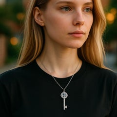 14K White Gold Diamond Key Pendant Necklace 1.5 Inch Long