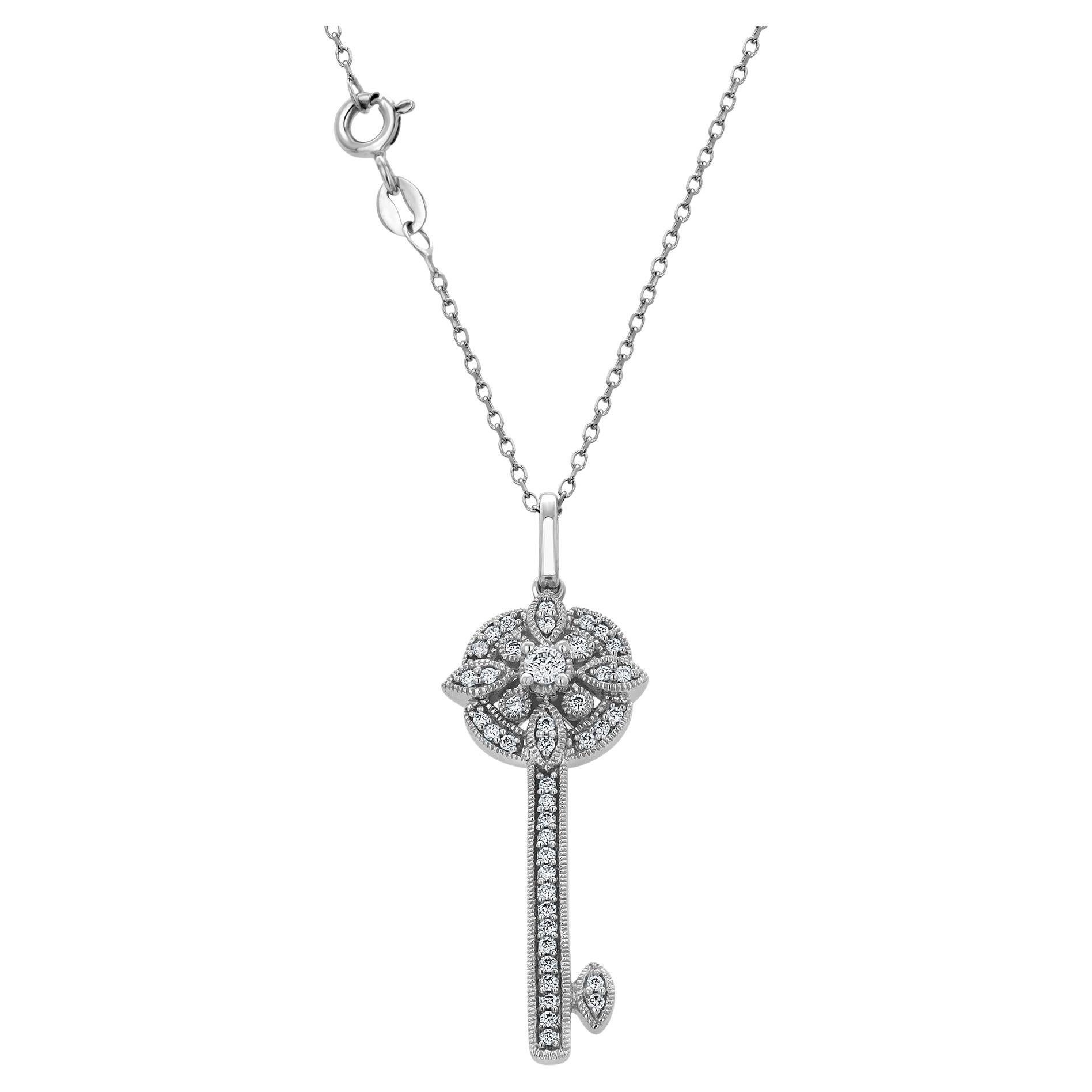 14K White Gold Diamond Key Pendant Necklace 1.5 Inch Long