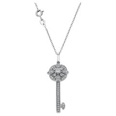 14K White Gold Diamond Key Pendant Necklace 1.5 Inch Long