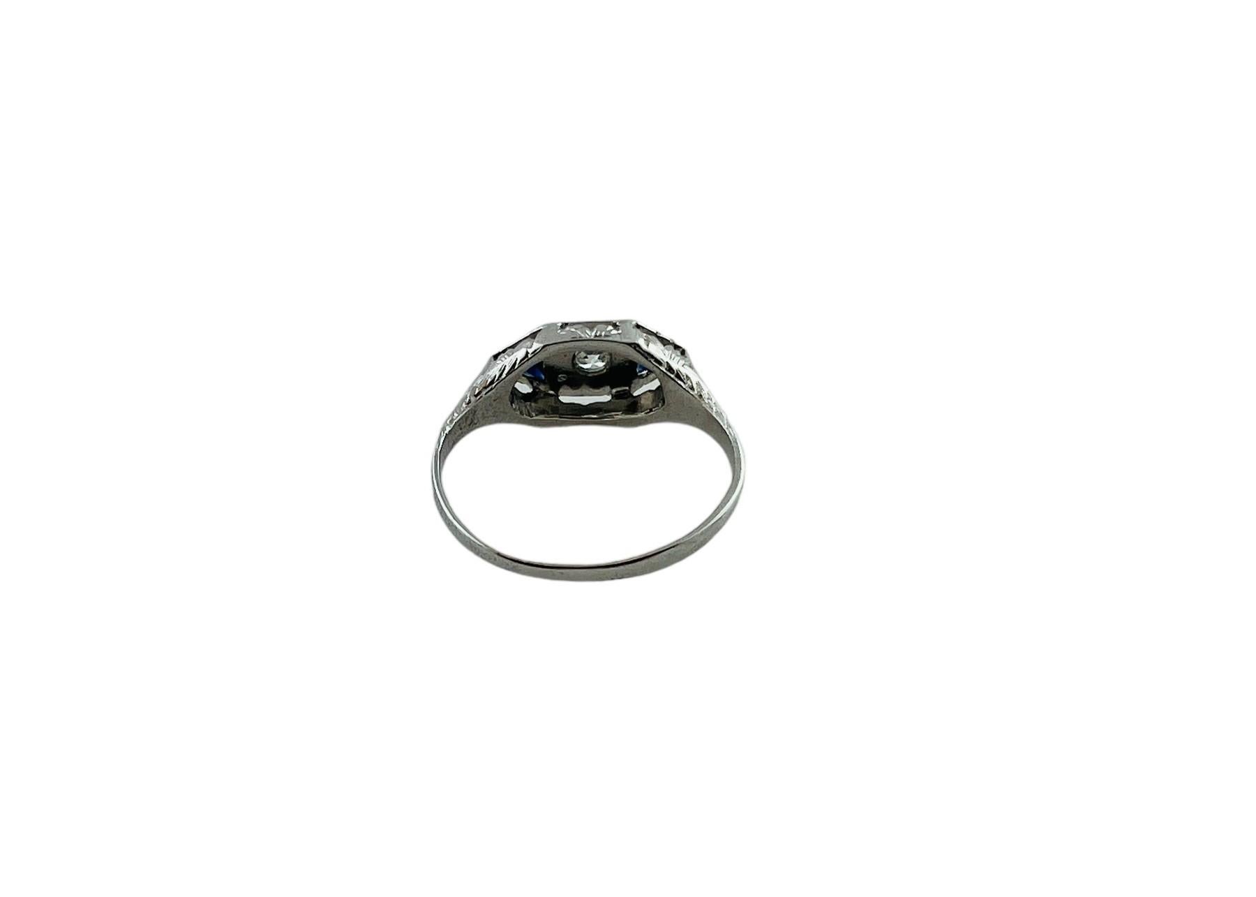 Old Mine Cut 14K White Gold Diamond Lab Created Sapphire Filigree Ring 4.75 #15675 For Sale