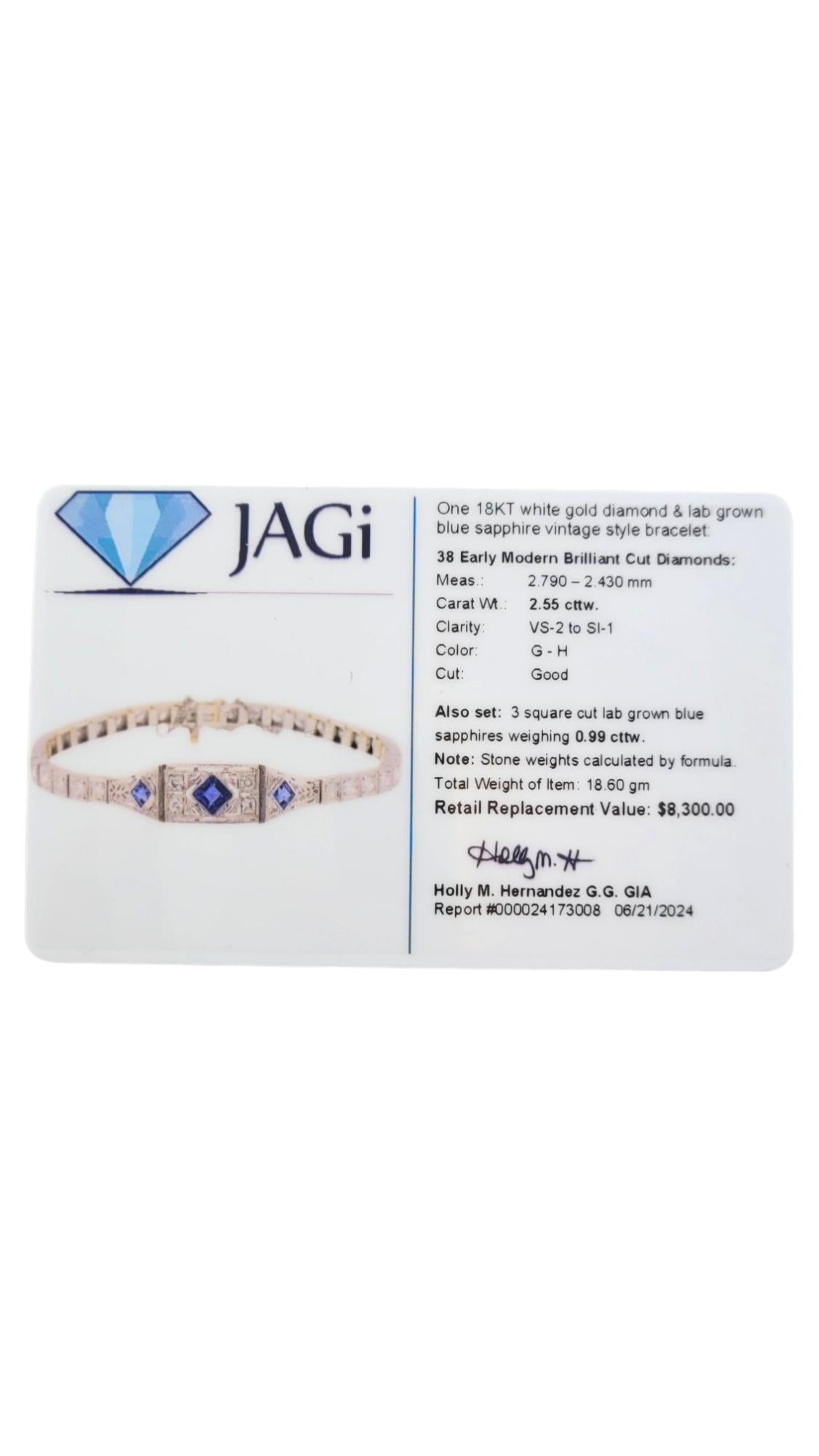 14K Weißgold Diamant & Lab Grown Blue Saphir Vintage-Armband #21793 im Vintage-Stil im Angebot 1