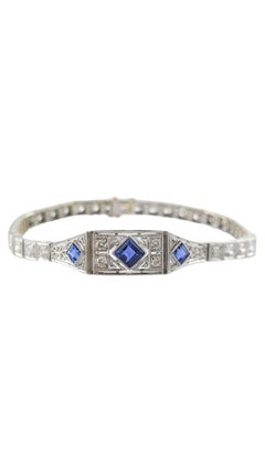 14K White Gold Diamond & Lab Grown Blue Sapphire Vintage Style Bracelet #21793