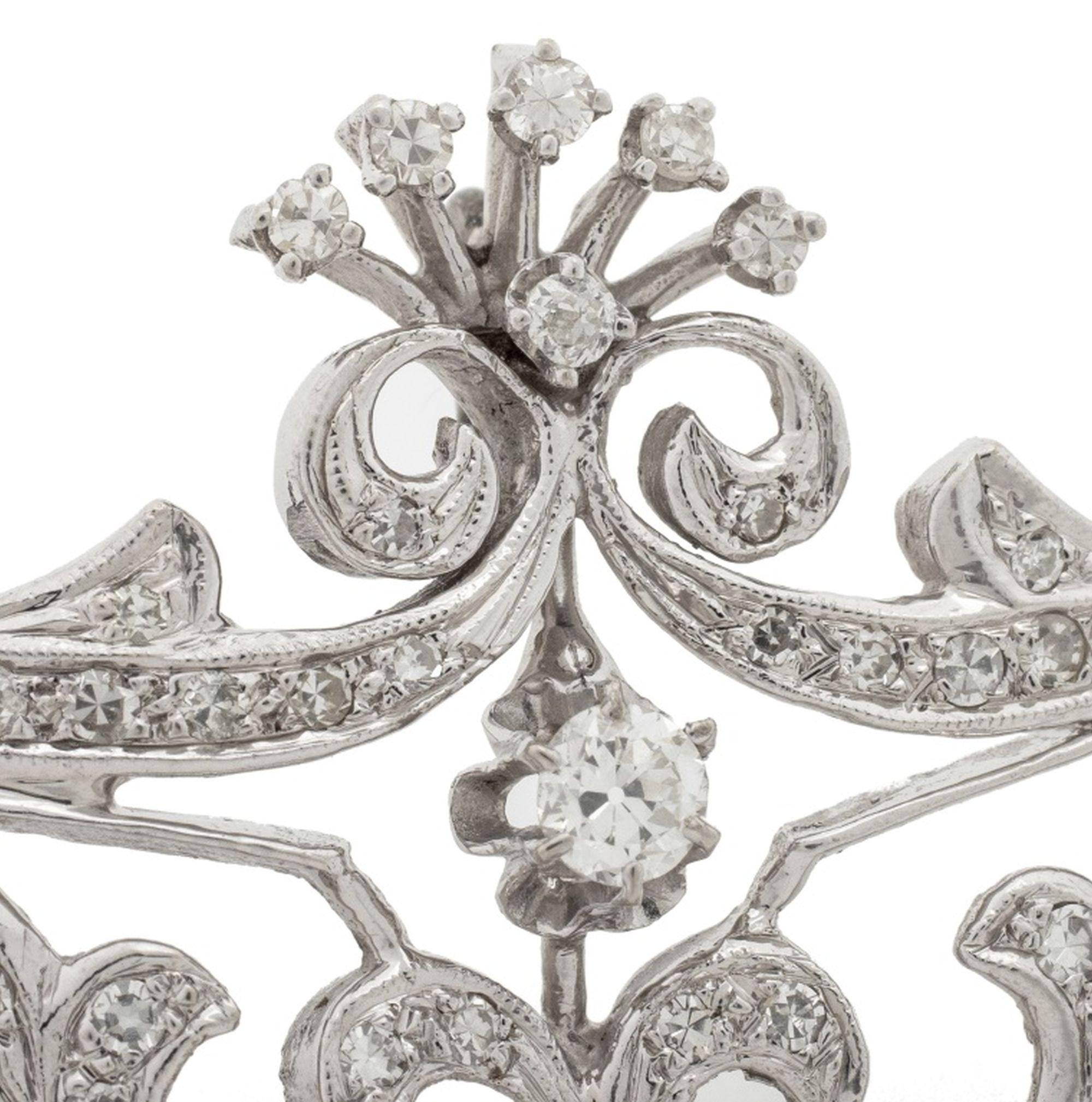 14K White Gold Diamond Set Lace and Spray Motif Pin Pendant, worn on cloth with pin and clutch or as pendant with hidden bail in rear of brooch. Pin and bail both made of steel, and added later repair. 1 7/8
