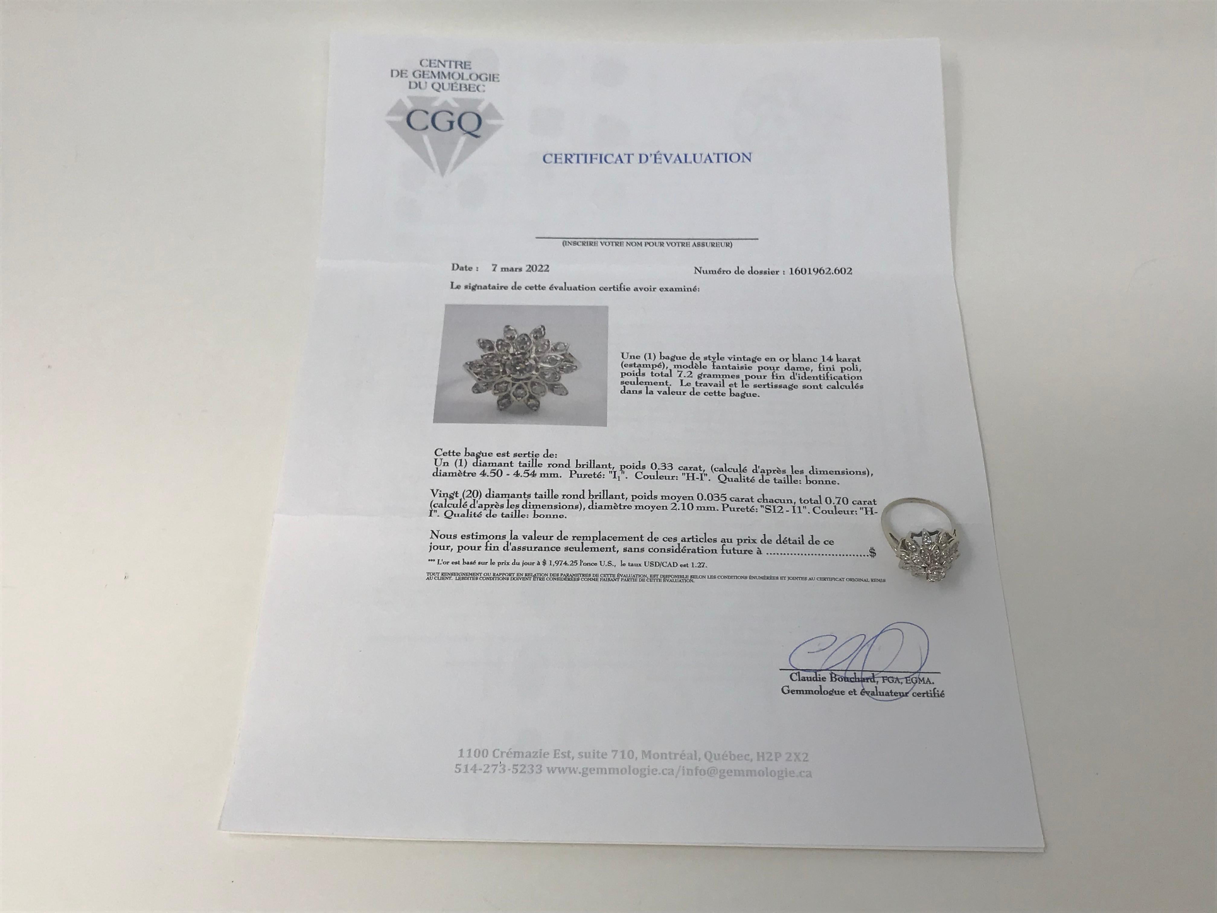 Brilliant Cut 14k White Gold & Diamond Ladies Cluster Ring For Sale