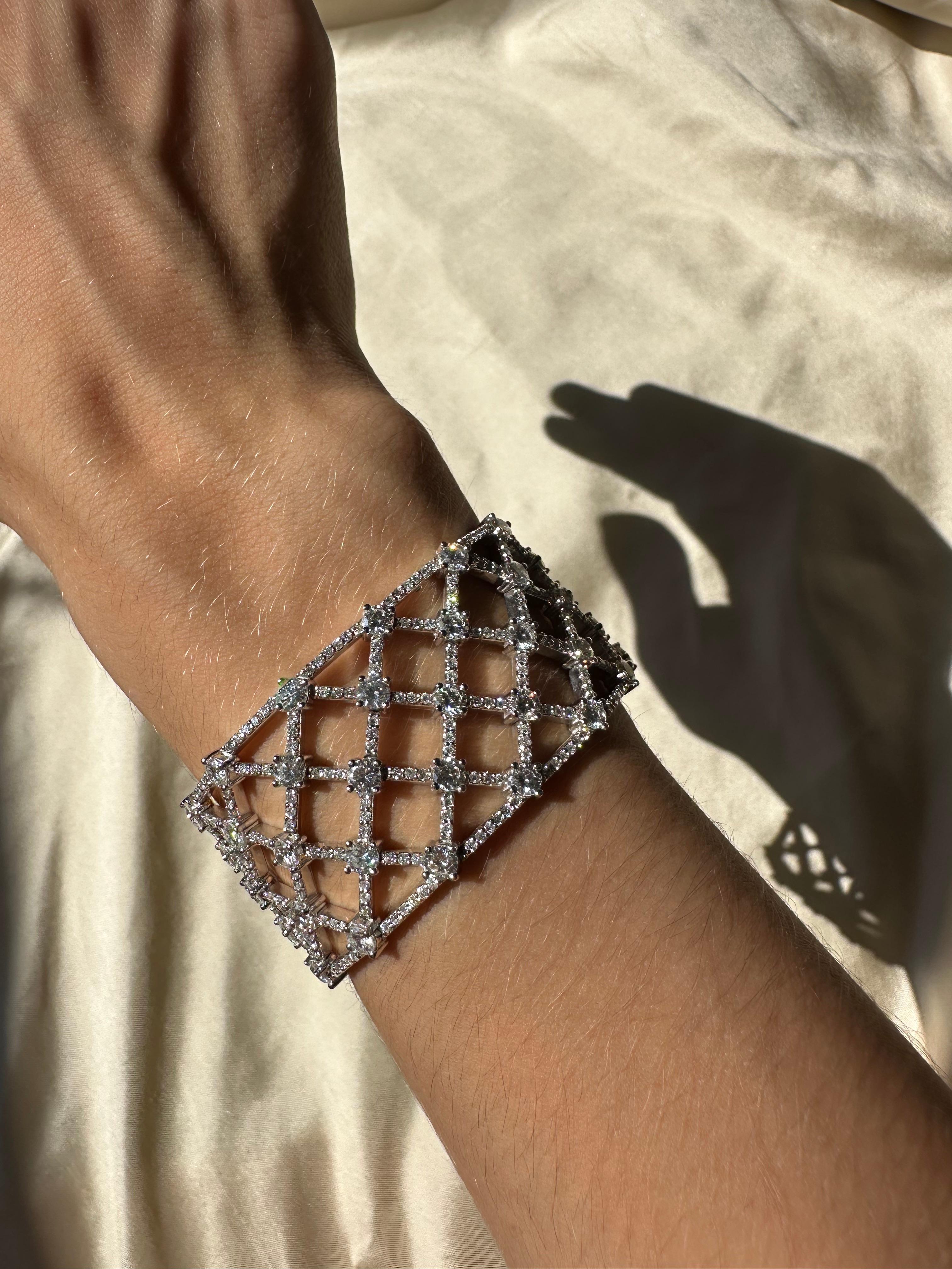 14K Weißgold Diamant-Gitter-Armband - 7,25 Zoll (Rundschliff) im Angebot