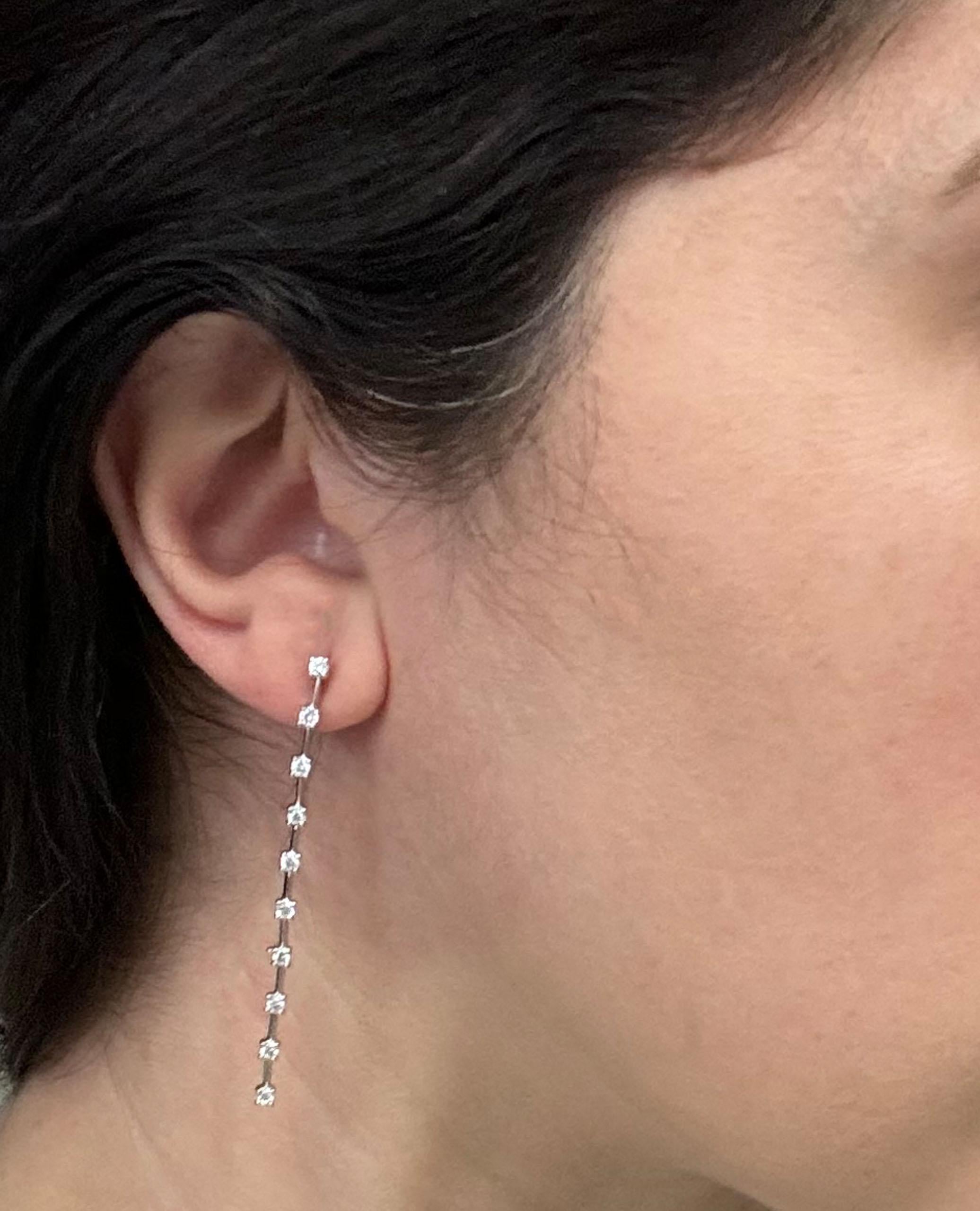 Round Cut 14K White Gold Diamond Linear Stiletto Earrings For Sale