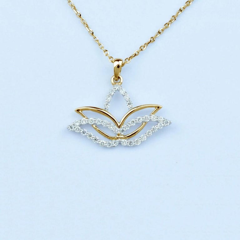 Round Cut 14k Gold Diamond Lotus Necklace Minimalist Spiritual Lotus Necklace For Sale