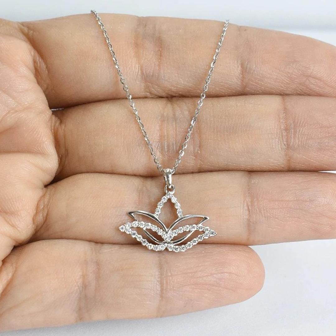 14k Gold Diamond Lotus Necklace Minimalist Spiritual Lotus Necklace For Sale 1