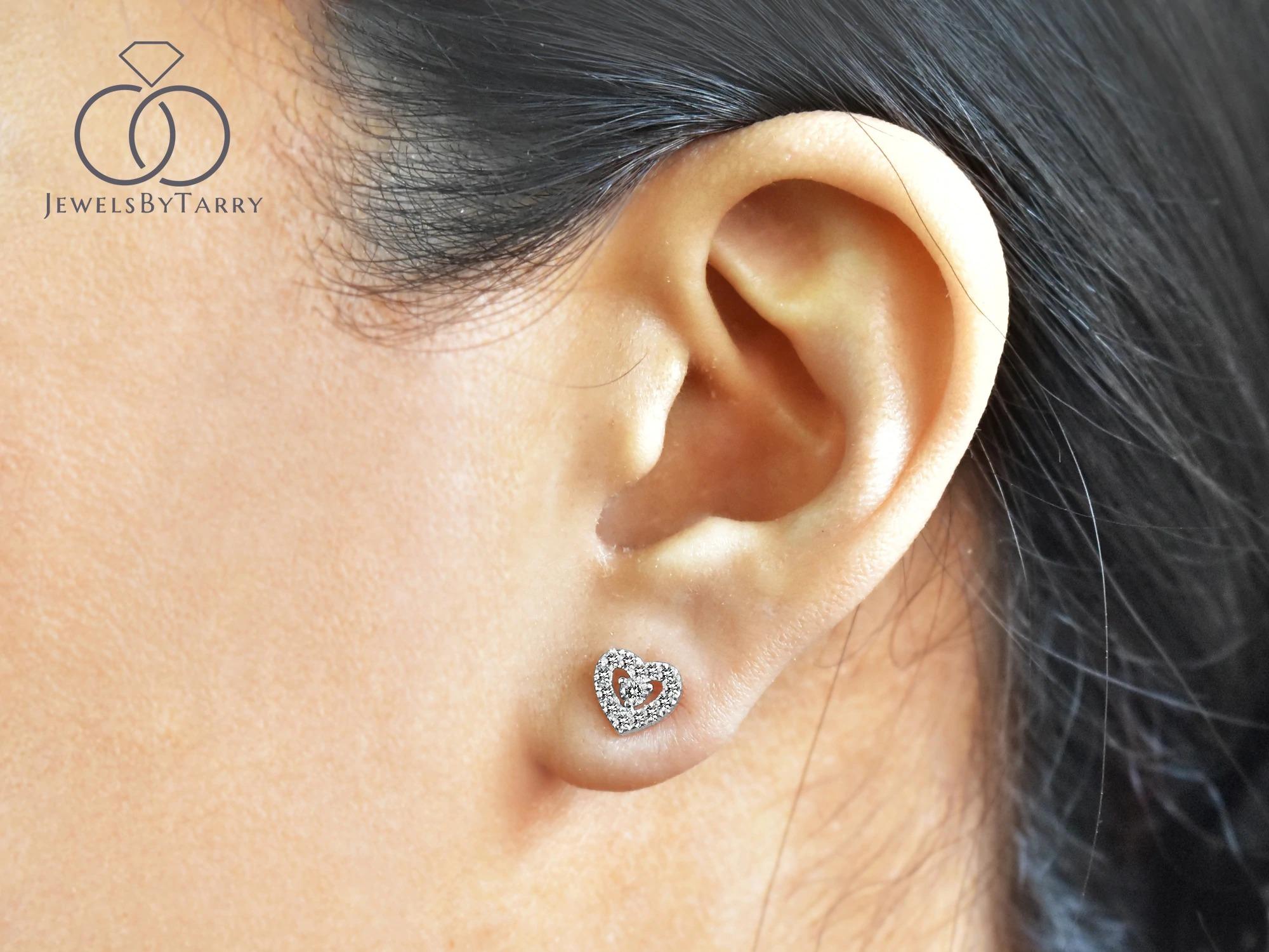 Women's or Men's 14k Gold Diamond Mini Heart Stud Earrings Heart Shaped Studs For Sale