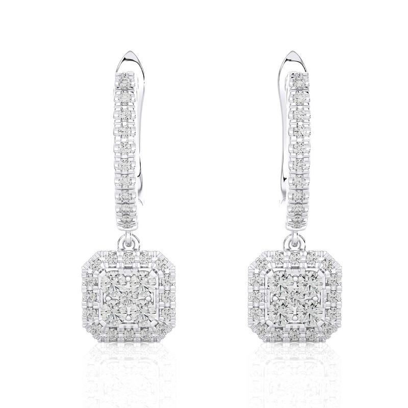 Round Cut 14K White Gold Diamond Moonlight Cushion Cluster Earring -0.5 ctw  For Sale