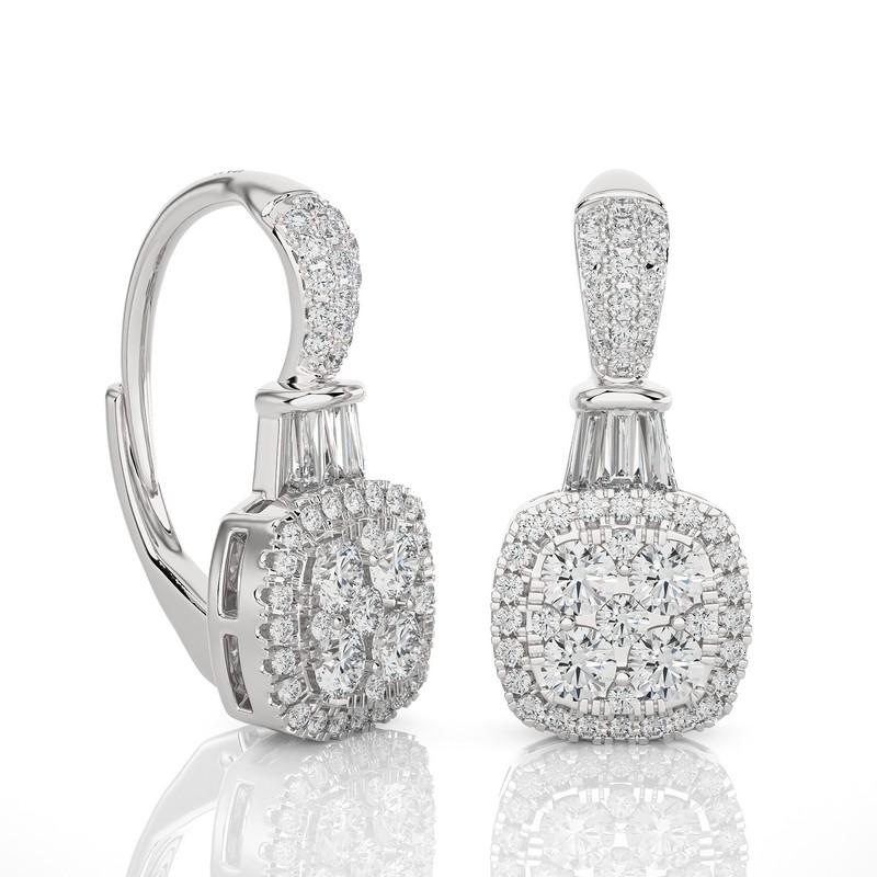 Modern 14k White Gold Diamond Moonlight Cushion Cluster Lever Back Earrings -0.9ctw  For Sale