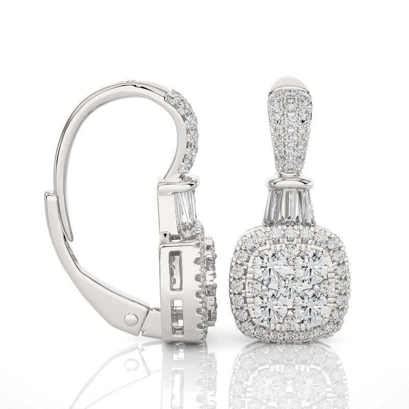 14k Weißgold Diamant-Mondlicht-Cluster-Ohrringe mit Kissenschliff und Klappverschluss - 0,9ctw  (Rundschliff) im Angebot