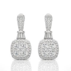 14k White Gold Diamond Moonlight Cushion Cluster Lever Back Earrings -0.9ctw 
