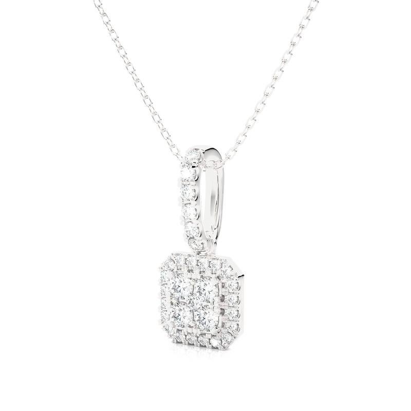 The Moonlight Cushion Cluster Collection Pendant is a small yet exquisite jewel, exuding timeless beauty. Crafted from lustrous 14K white gold, it weighs with delicacy and charm. The pendant's design features a captivating cluster of 31 excellent