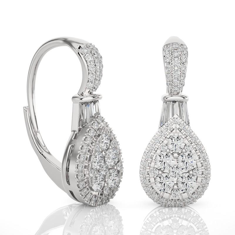 Modern 14K White Gold Diamond Moonlight Pear Cluster Earring -1 ctw  For Sale