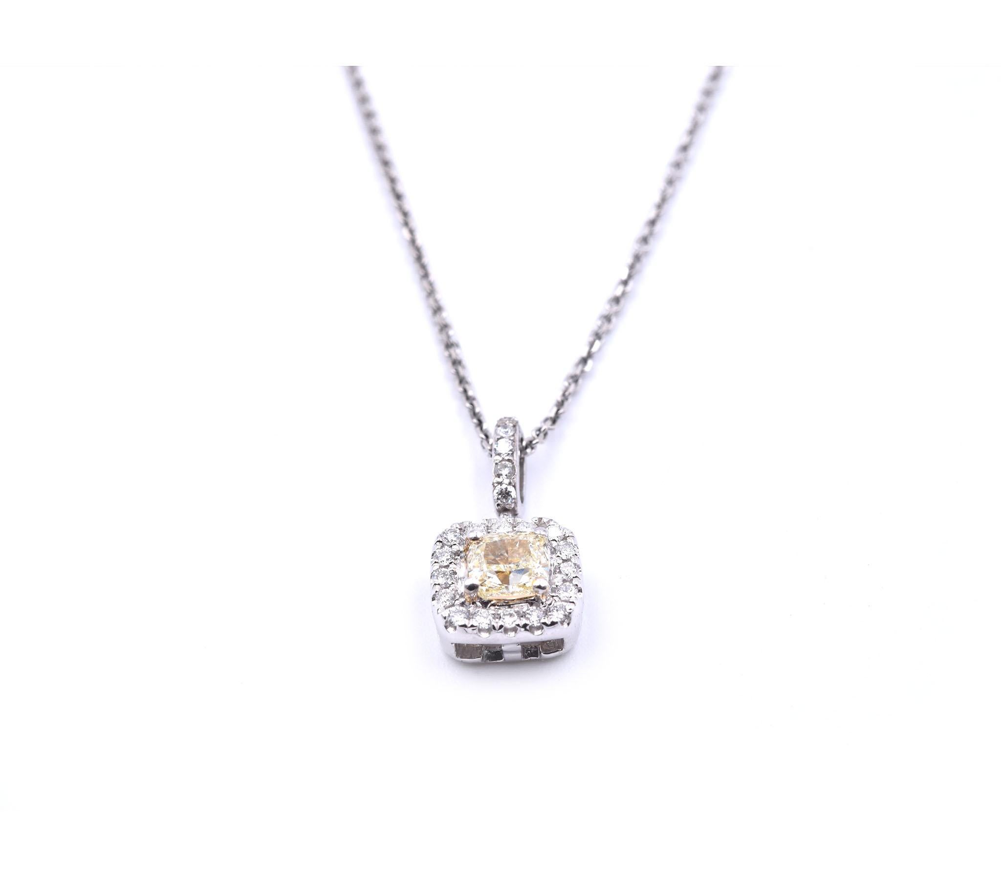 Designer: custom designed
Material: 14k white gold
Center Diamond: 1 Cushion Cut = 0.45ct
Color: Fancy Yellow
Clarity: VS1
Diamonds: 22d = 0.20cttw
Color: G
Clarity: VS
Dimensions: chain measures 16.5 inches and the pendant measures 15mm from the