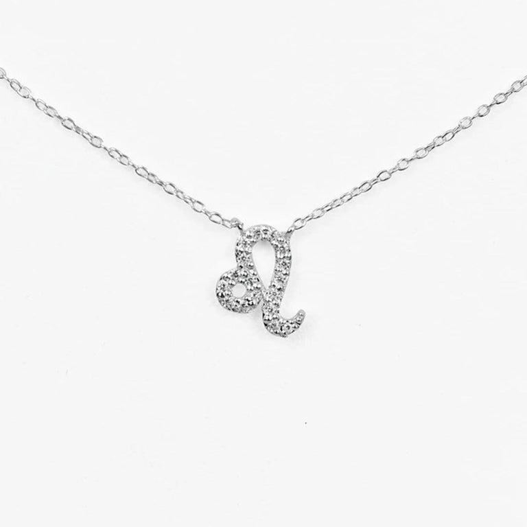 Modern 14k White Gold Diamond Necklace Leo Zodiac Sign Birth Sign Necklace For Sale