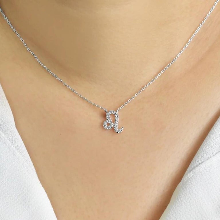 14k White Gold Diamond Necklace Leo Zodiac Sign Birth Sign Necklace For Sale 1