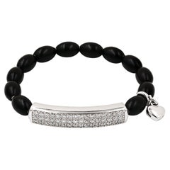 14K White Gold Diamond Onyx Bead Bracelet with a 'Heart' Charm
