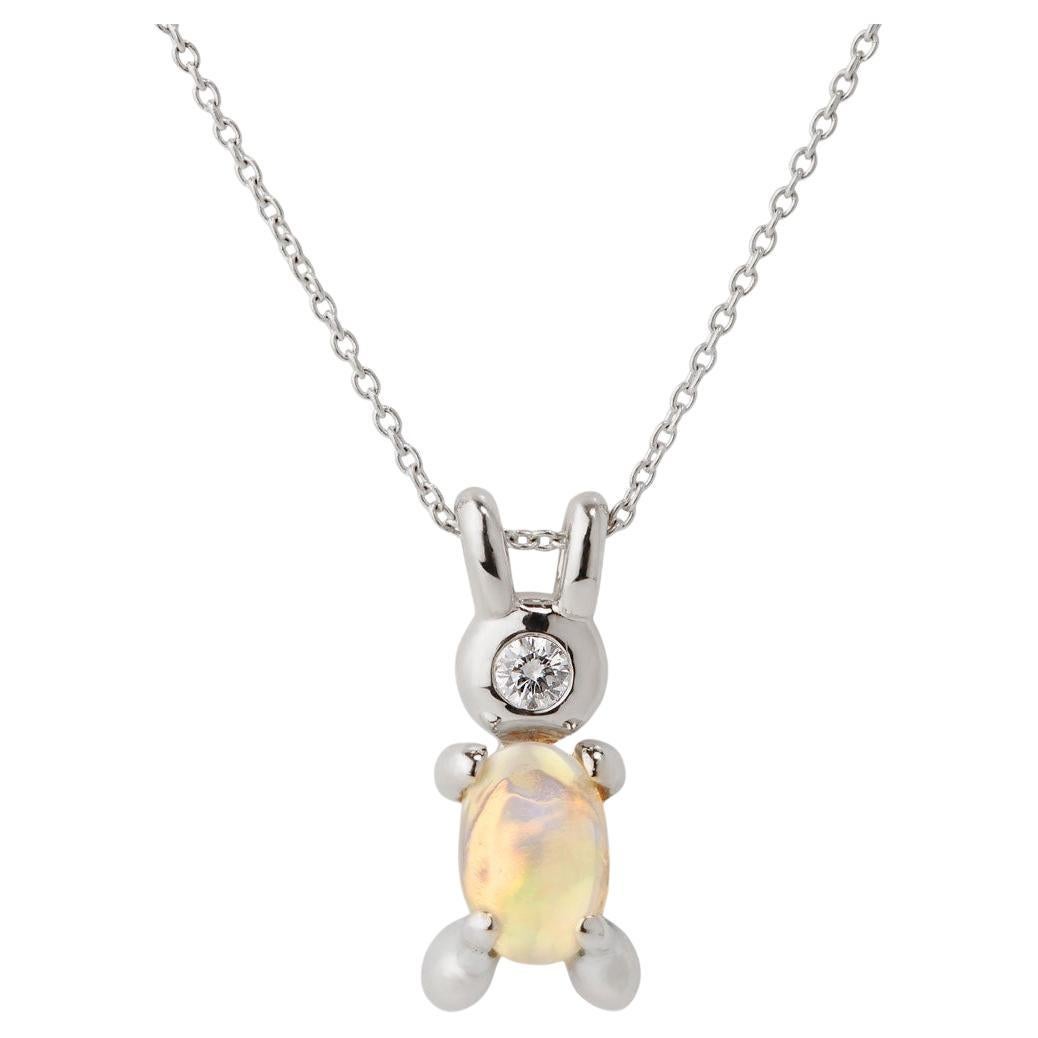 14k White Gold Diamond Opal Lucky Rabbit Bunny Belly Animal Necklace Baubou For Sale