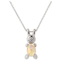 14k White Gold Diamond Opal Lucky Rabbit Bunny Belly Animal Necklace Baubou