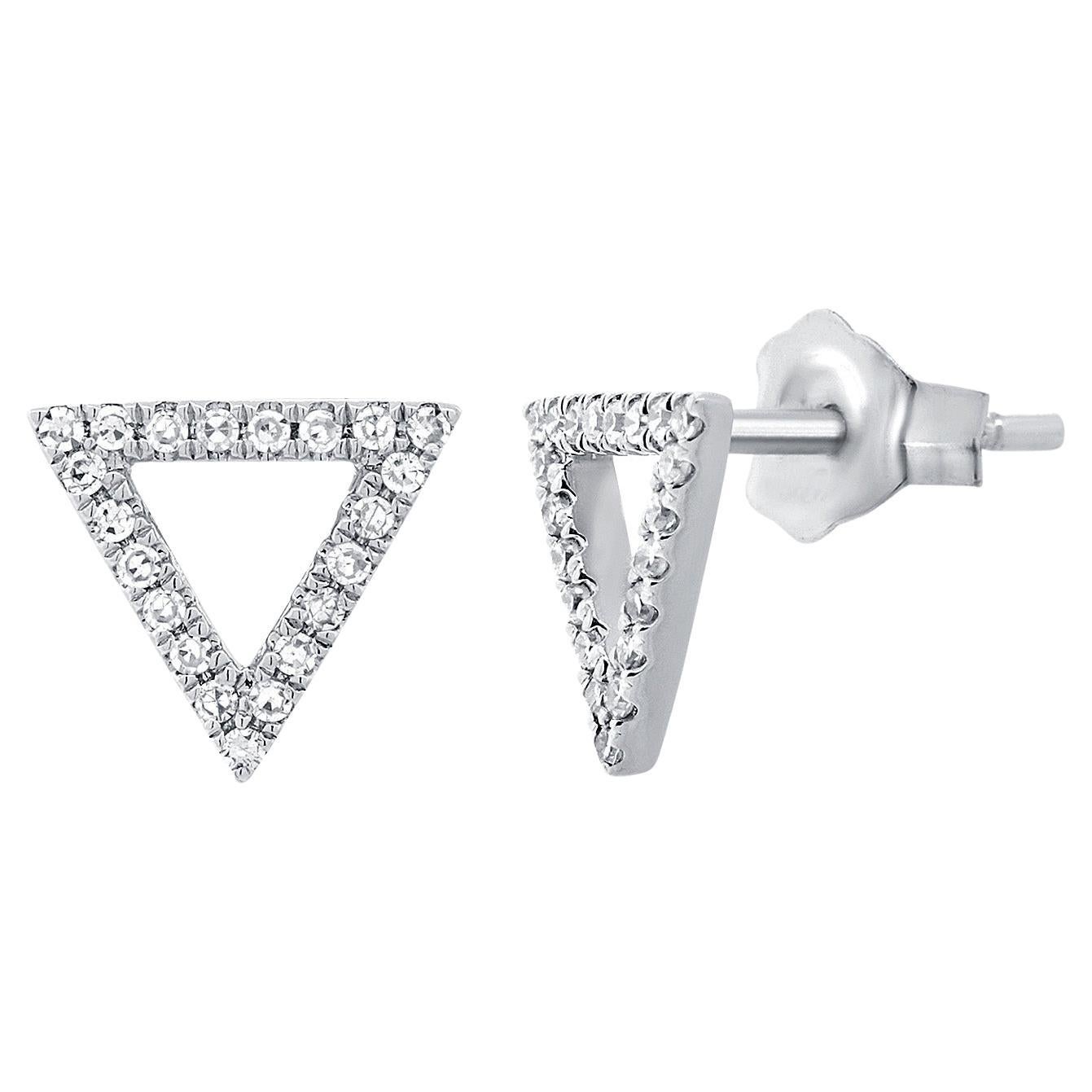 14K White Gold Diamond Open Triangle Stud Earrings for Her For Sale