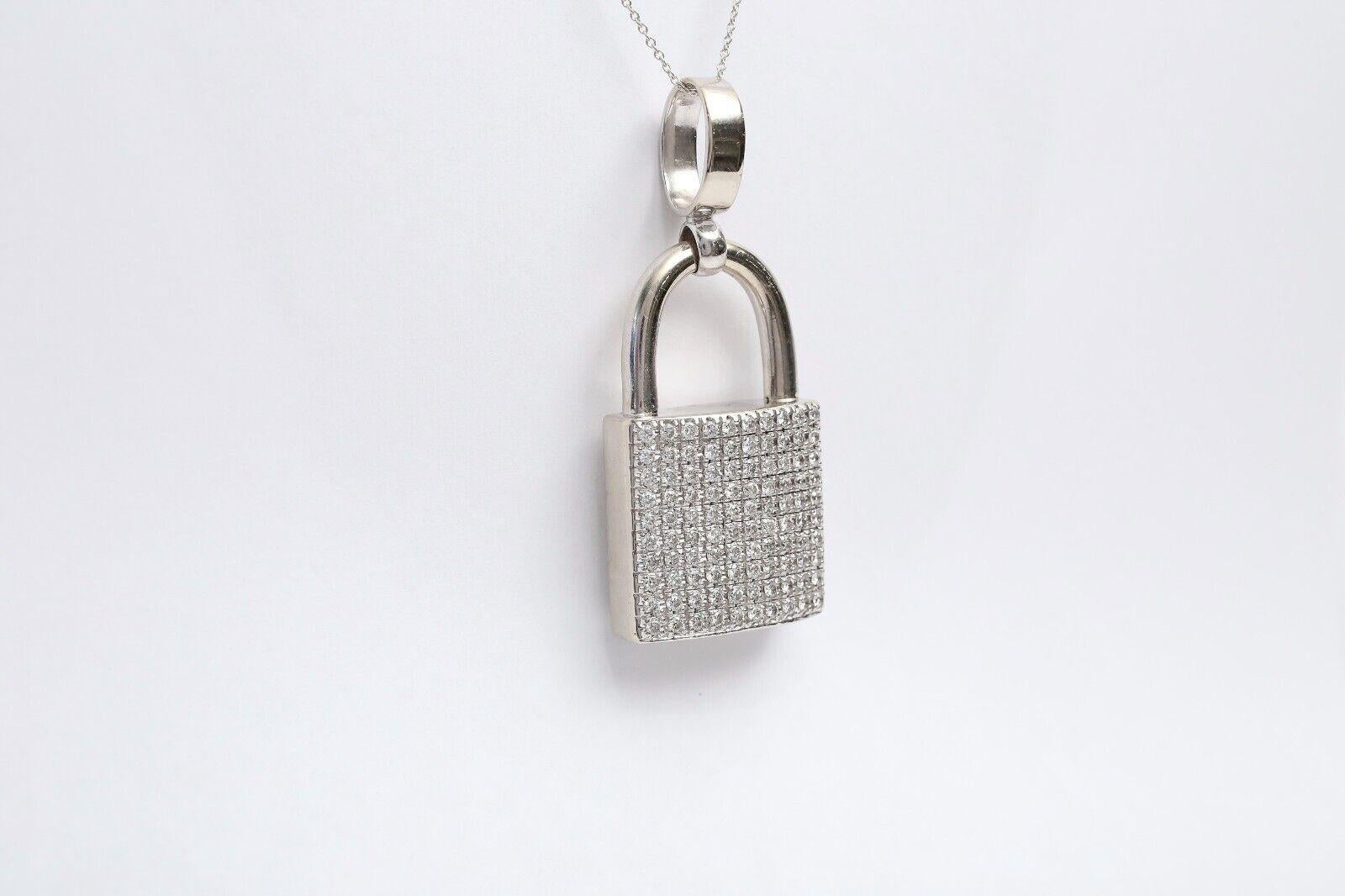 Round Cut 14k White Gold Diamond Padlock Pendant, 31.2g For Sale