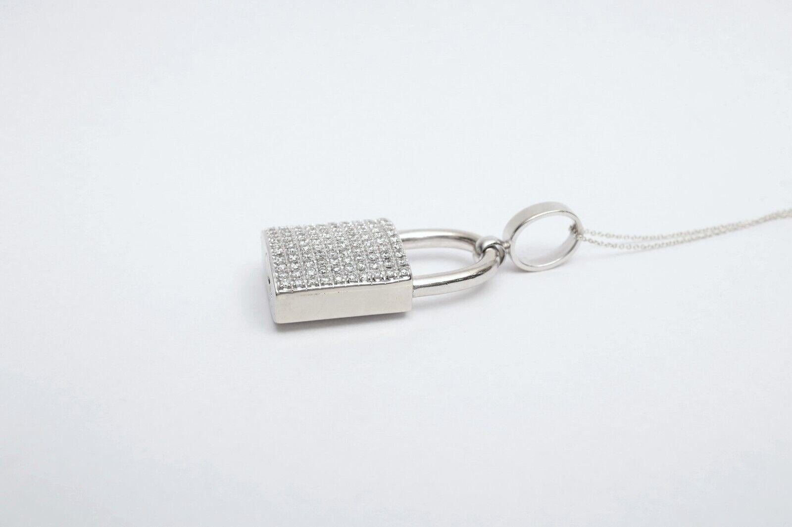 Women's or Men's 14k White Gold Diamond Padlock Pendant, 31.2g For Sale