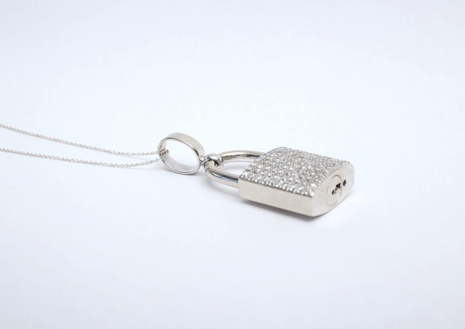 14k White Gold Diamond Padlock Pendant, 31.2g For Sale 1