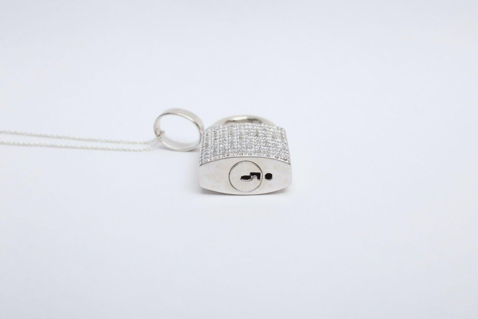 14k White Gold Diamond Padlock Pendant, 31.2g For Sale 2