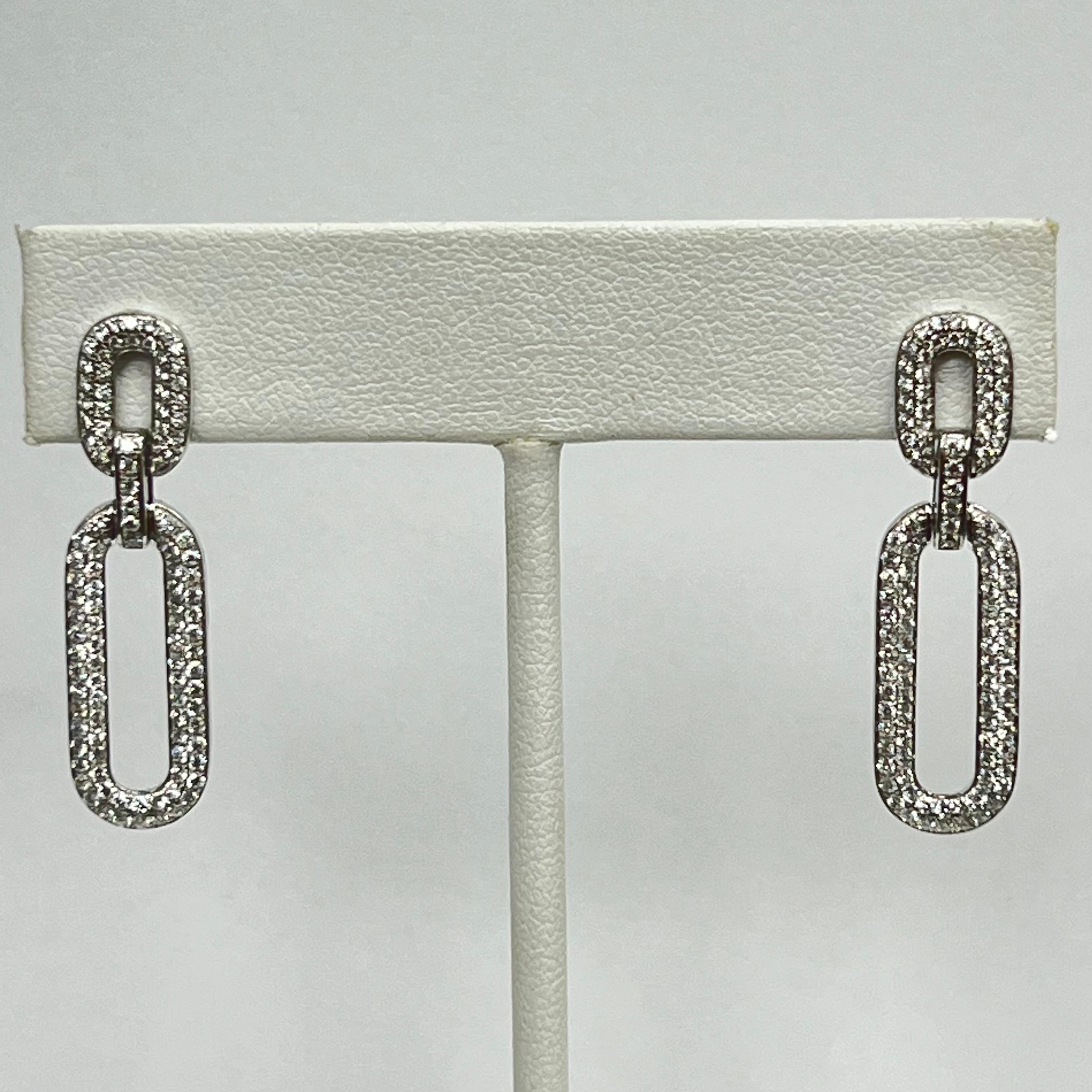 Modern 14K White Gold Diamond Paperclip Earrings For Sale