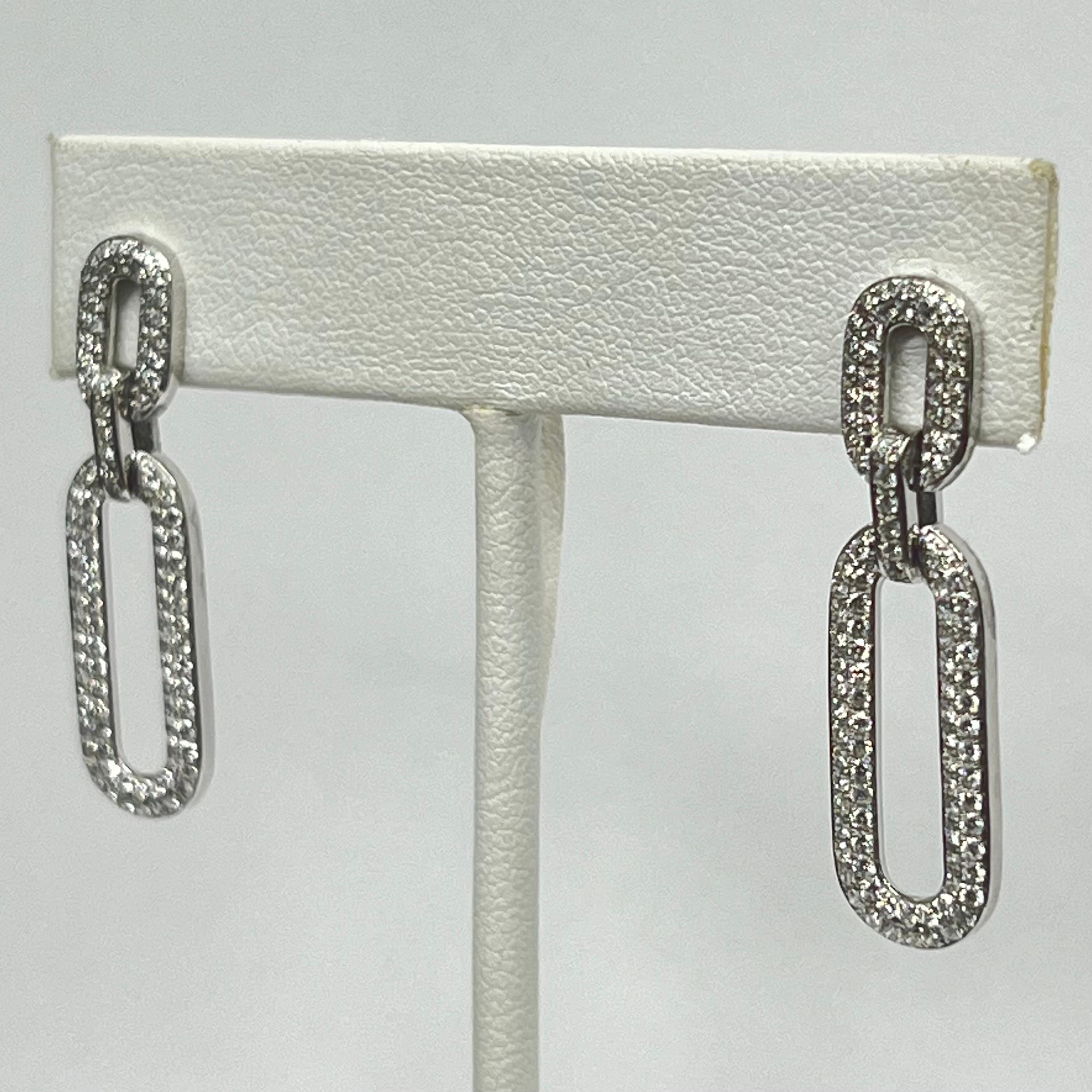 Brilliant Cut 14K White Gold Diamond Paperclip Earrings For Sale