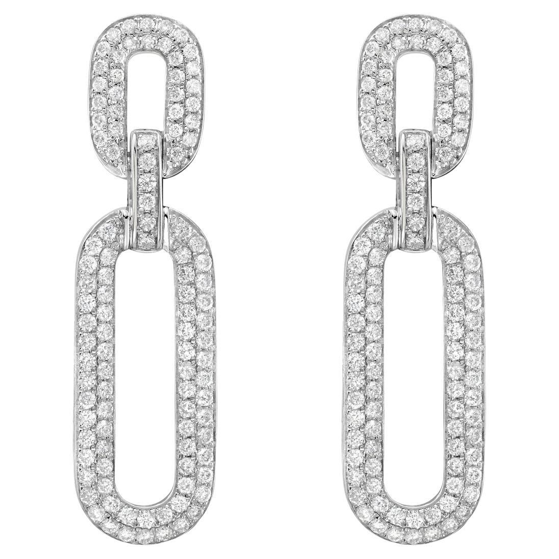 14K White Gold Diamond Paperclip Earrings For Sale