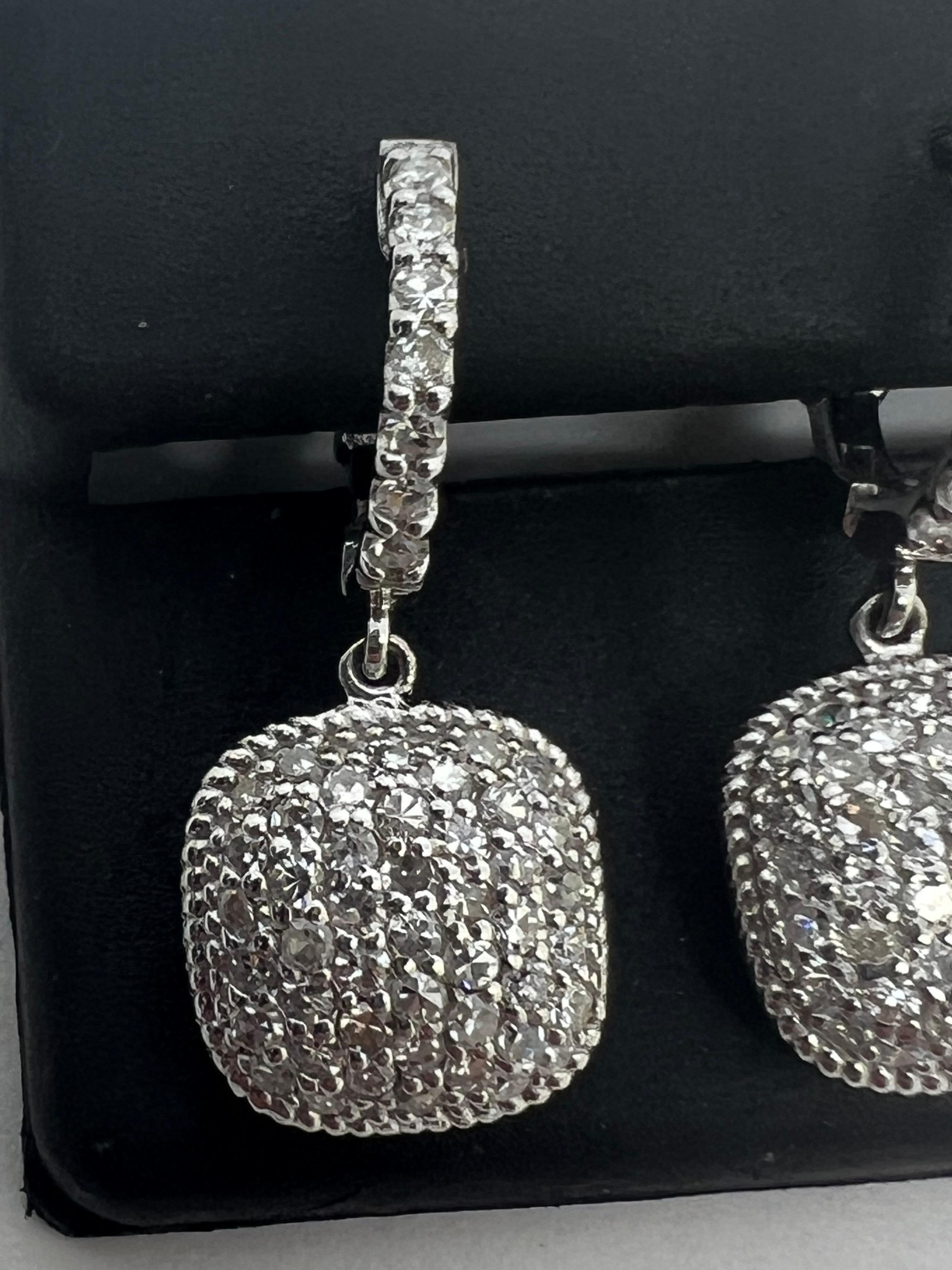 Modernist 14k White Gold Diamond Pave Dangle Drop Huggy Earrings For Sale